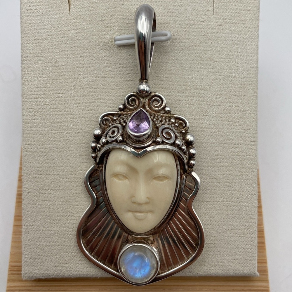 Offerings by Sajen Sterling Silver 925 Carved Goddess Pendant Amethyst Moonstone